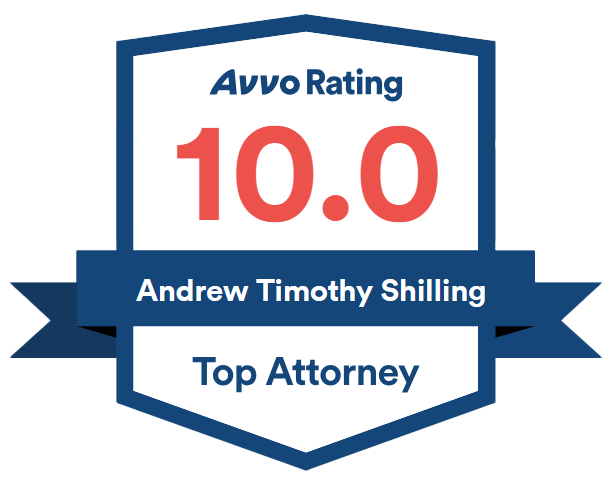 Avvo 10.0 rating badge for Andrew Timothy Shilling, recognized as a top attorney.
