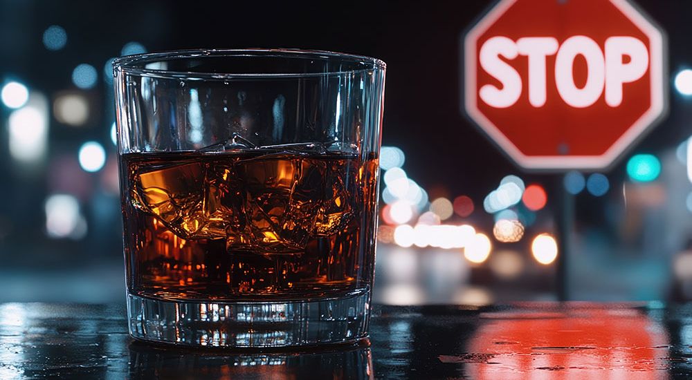 Glass of whiskey with ice on a bar, stop sign in blurry city night background.