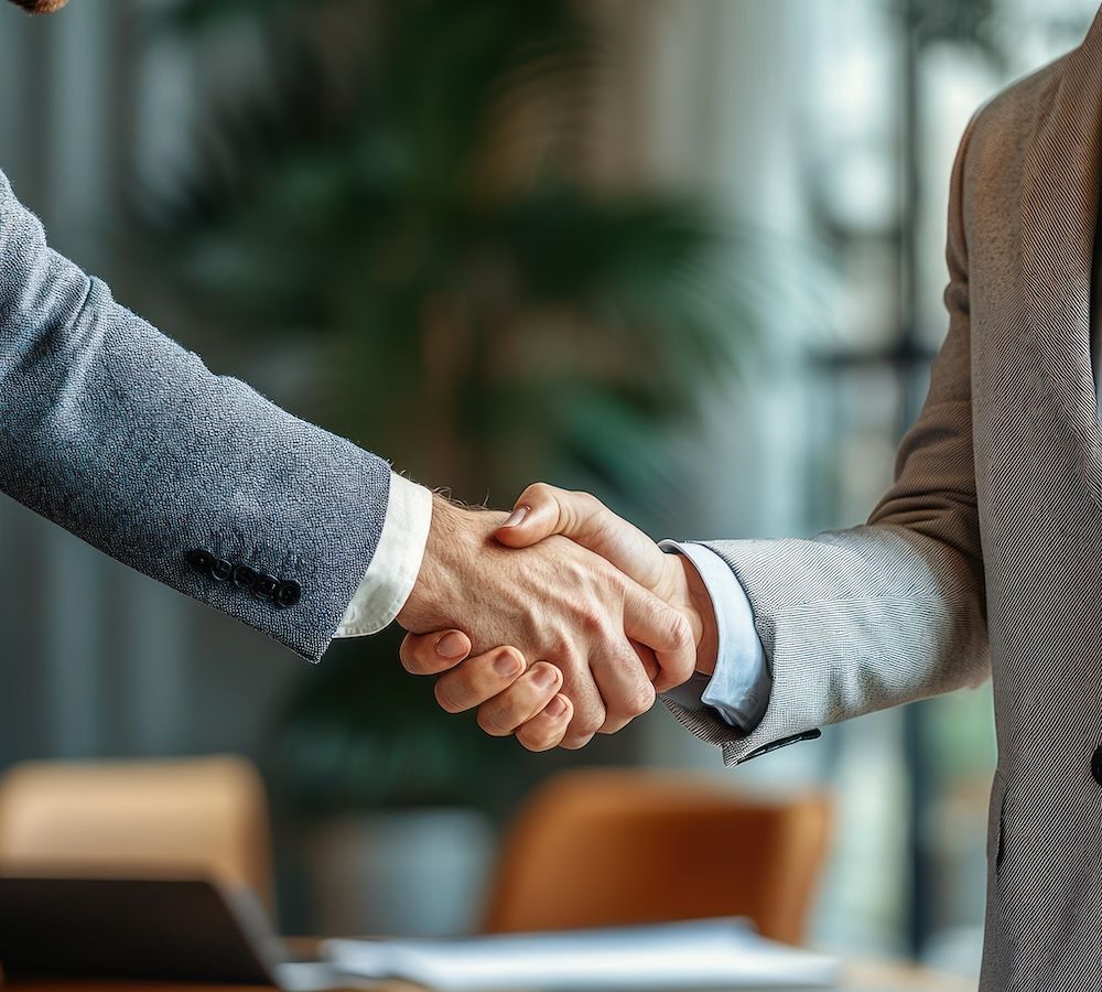 Business handshake between two professionals in suits, symbolizing cooperation and partnership in an office setting.
