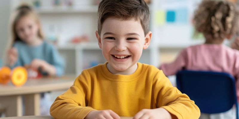 Child in a yellow sweater smiling while playing with colorful blocks at a classroom table.