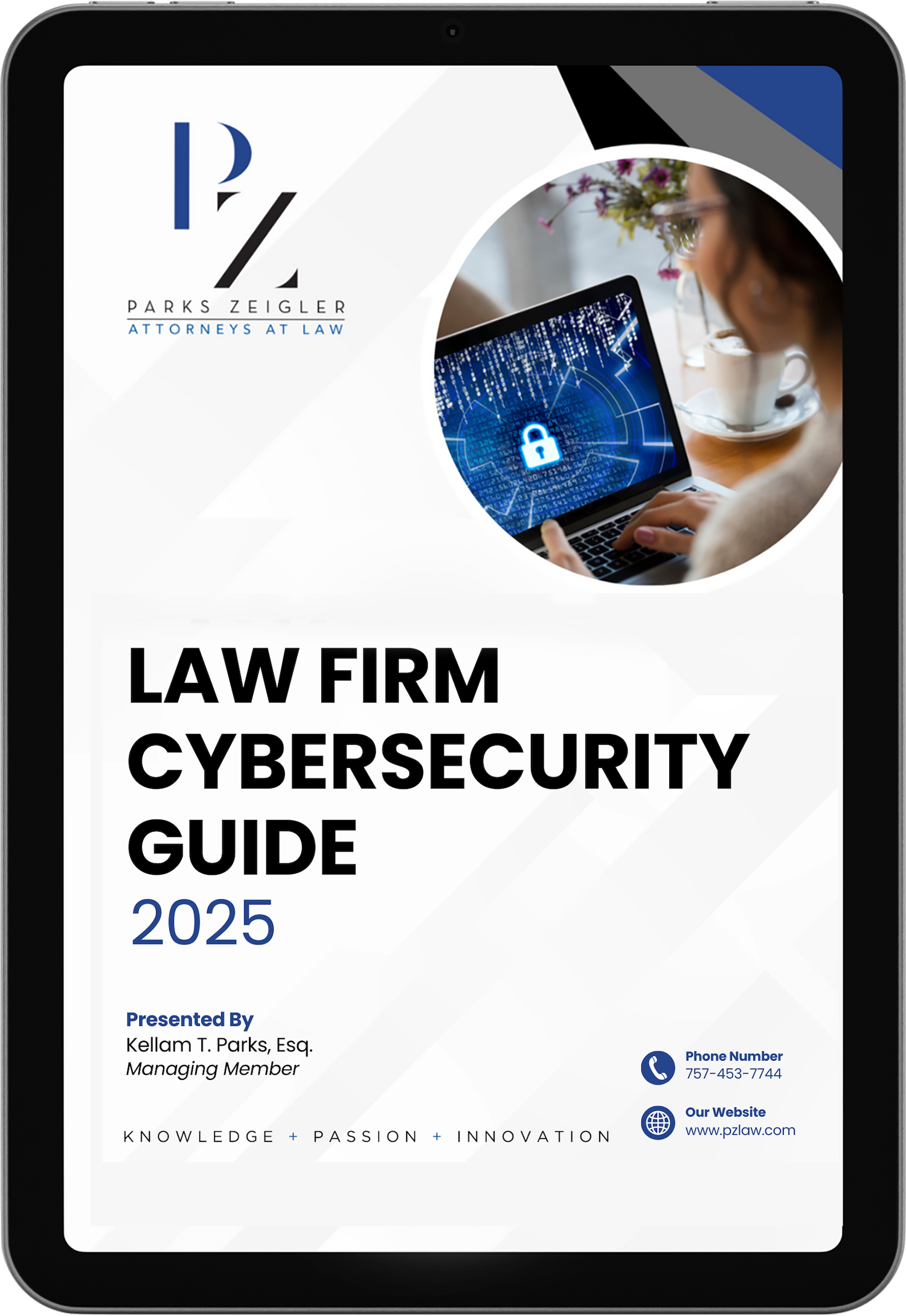 Law Firm Cybersecurity Guide 2025 cover with lock icon on laptop screen, presented by Parks Zeigler Attorneys.