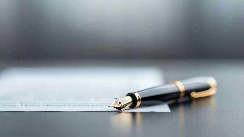 Elegant fountain pen resting on a signed document for business or legal purposes.
