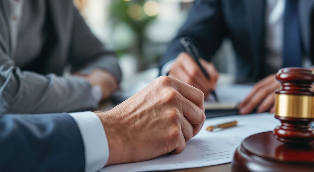 Lawyers signing documents in an office with a gavel on the table, symbolizing legal proceedings and agreements.