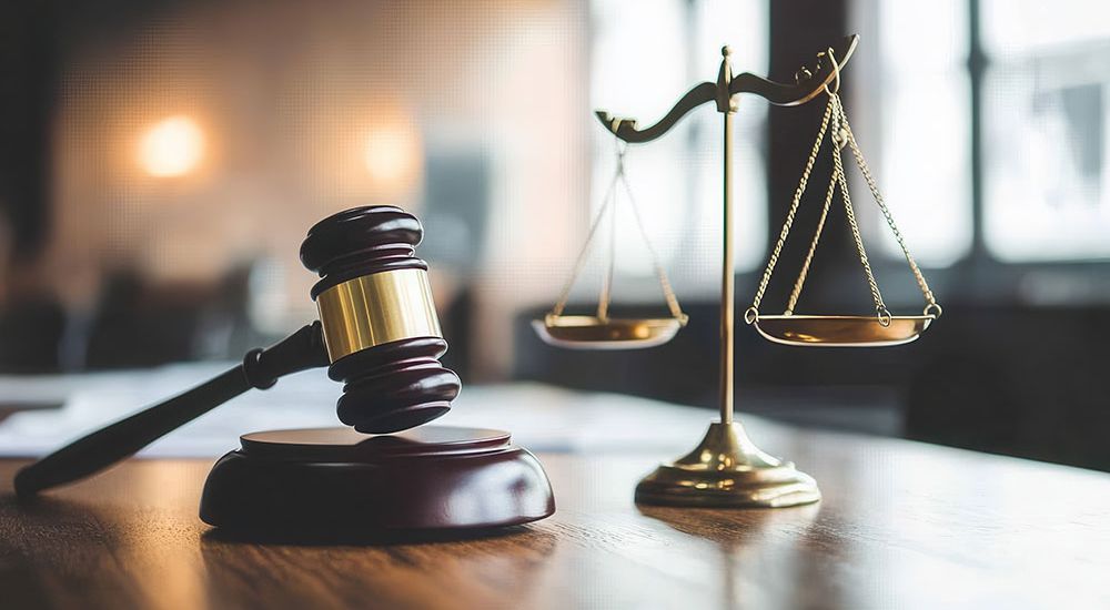 Gavel and scales of justice on a courtroom table, symbolizing law and legal proceedings.