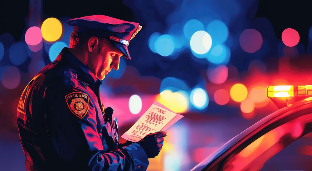 Police officer reading a document at night beside a patrol car with colorful bokeh lights in the background.