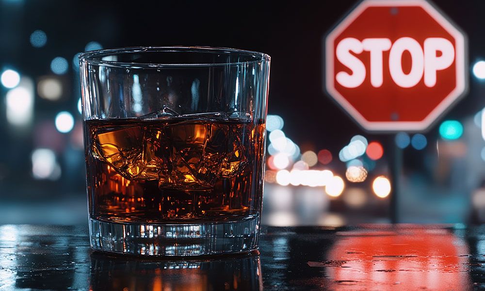 Glass of whiskey with ice on a bar, stop sign in blurry city night background.