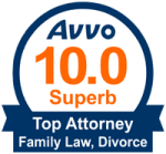 Avvo badge showing 10.0 Superb rating for top attorney in family law and divorce.