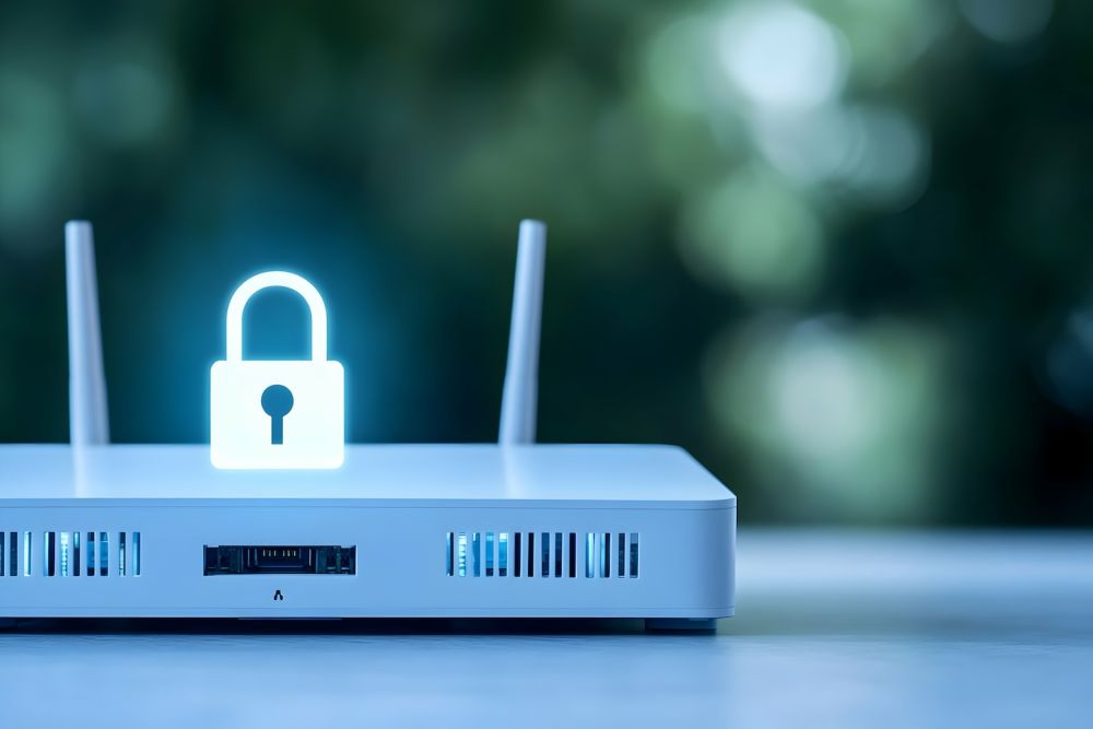 Secure wireless router with glowing lock icon, symbolizing internet security and data protection.