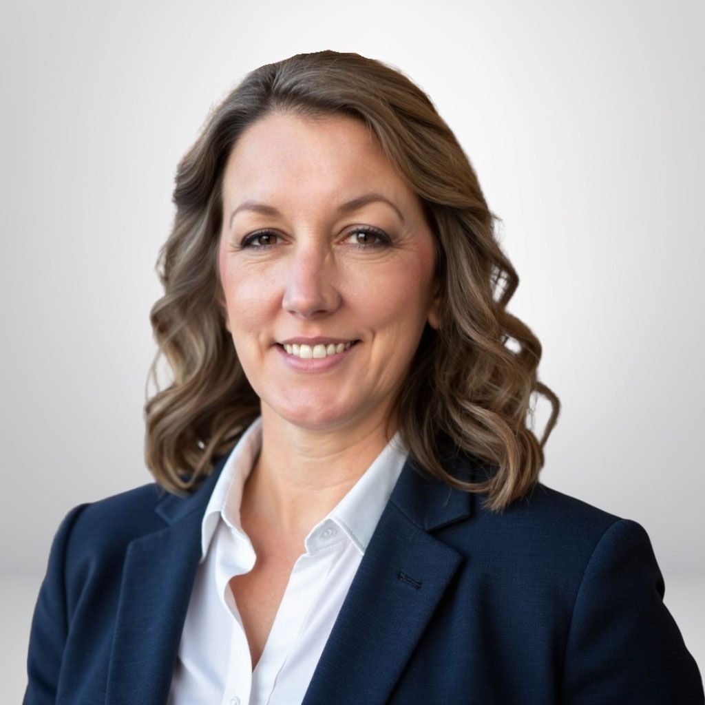Professional woman smiling in a business suit against a neutral background.