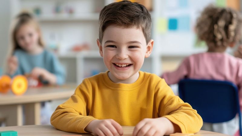 Child in a yellow sweater smiling while playing with colorful blocks at a classroom table.
