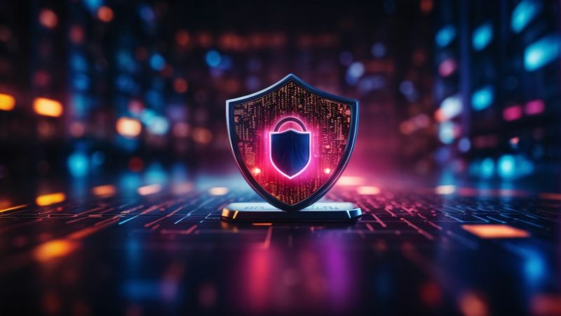 Cybersecurity shield icon on digital background glowing with neon colors, symbolizing data protection and technology.