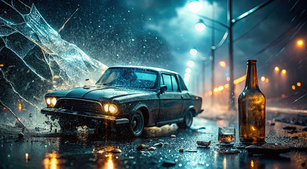 Vintage car crash at night with rain, broken glass, and a bottle in foreground, lit by streetlights.