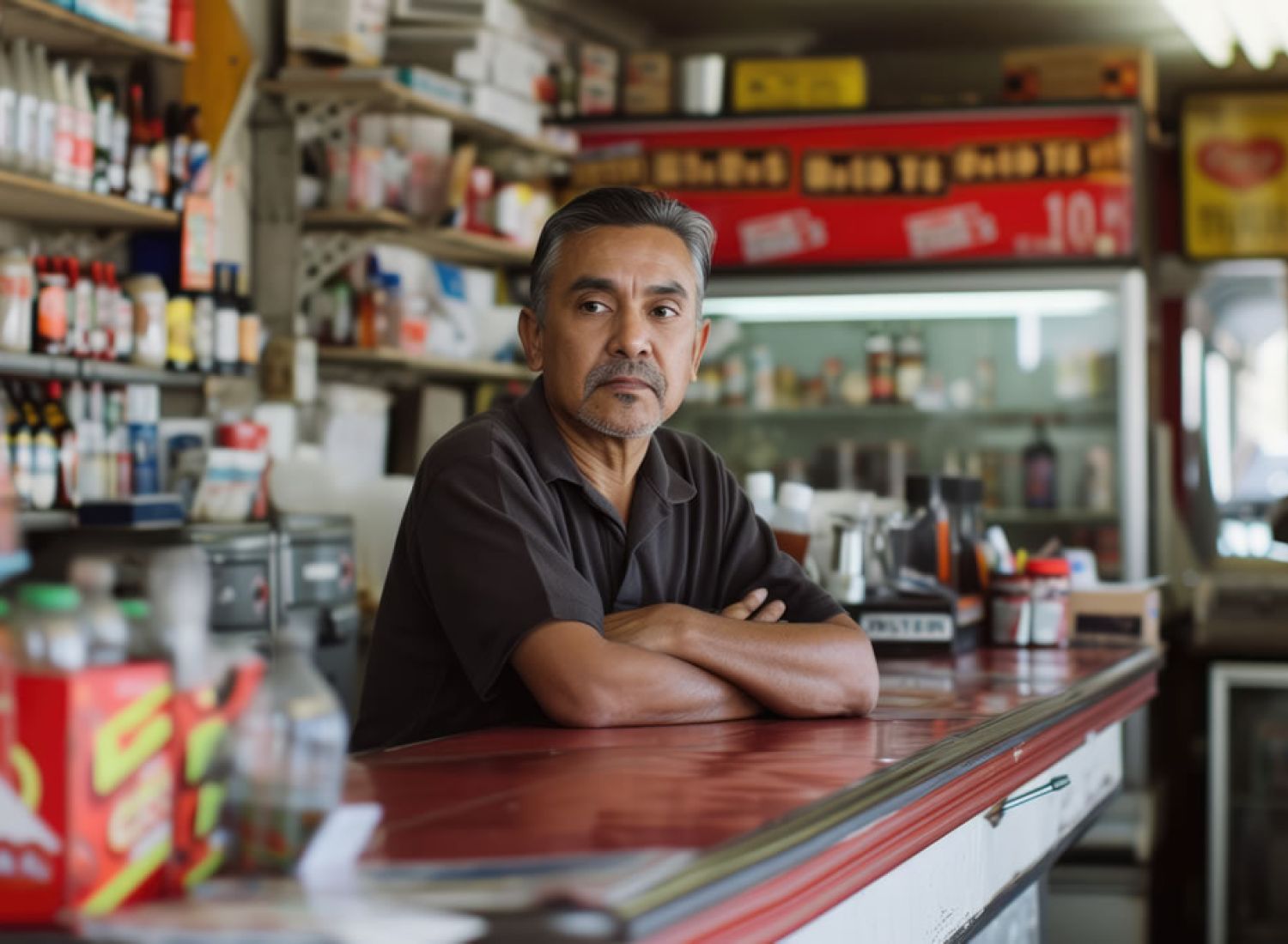 Man standing behind a counter in a small shop with shelves stocked with various products.