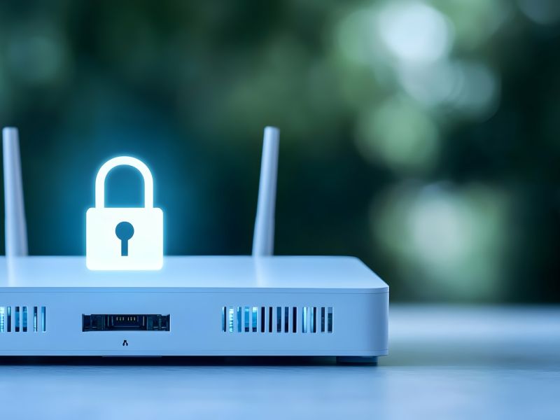 Secure wireless router with glowing lock icon, symbolizing internet security and data protection.