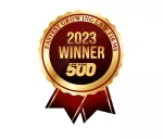 Gold medal badge for Law Firm 500, 2023 fastest growing law firms winner.