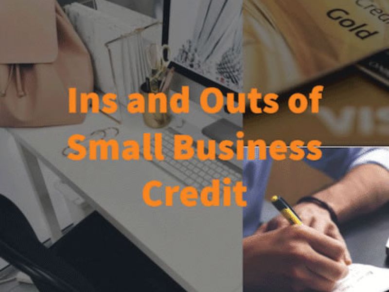 Small business credit essentials with desk setup, credit card, and person writing notes. Text: Ins and Outs of Small Business Credit.