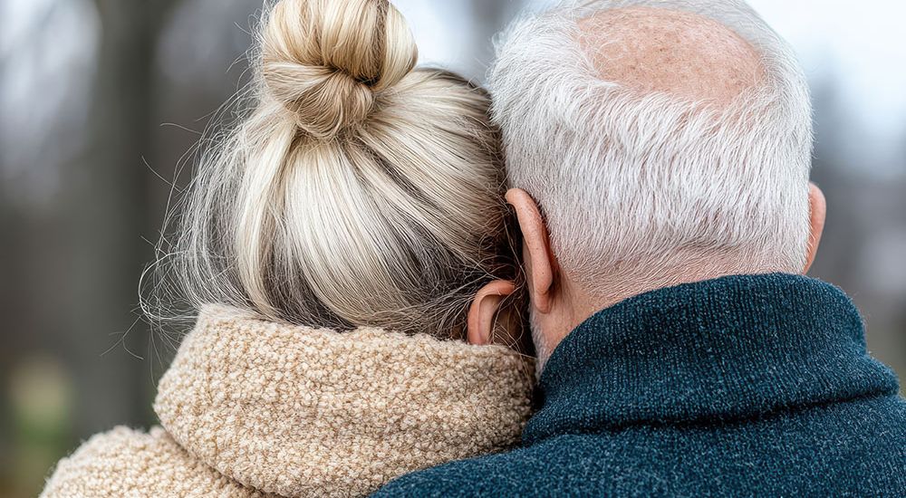 Elderly couple with gray hair embracing in cozy sweaters, showing love and togetherness outdoors.
