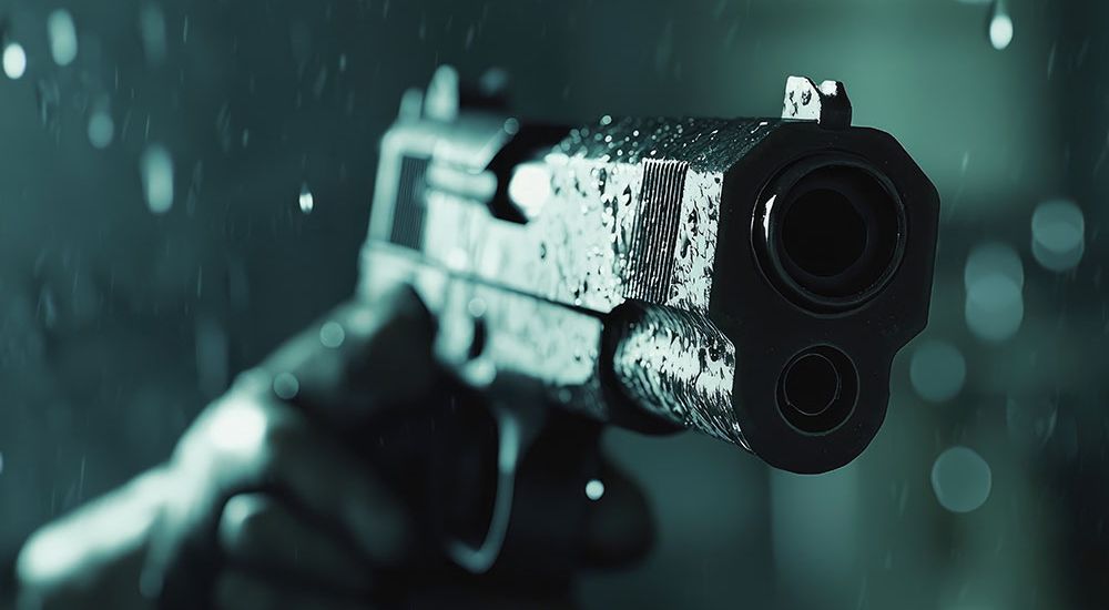 Close-up of a wet handgun in the rain, creating a suspenseful and dramatic atmosphere.