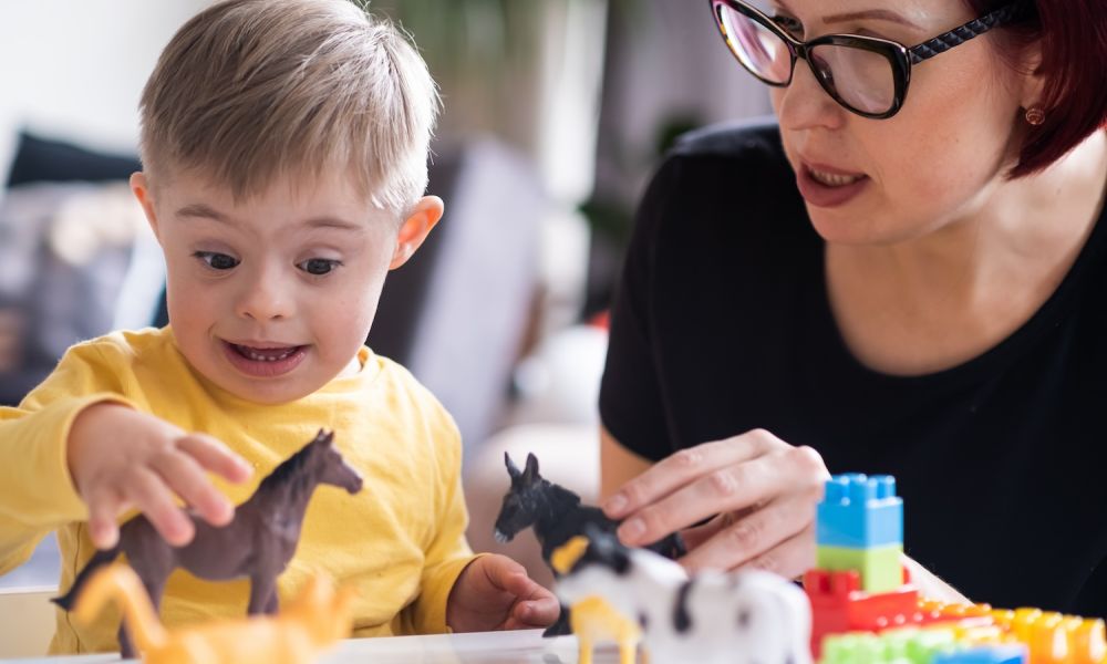 Child with Down syndrome playing with toy animals, guided by a woman in glasses.