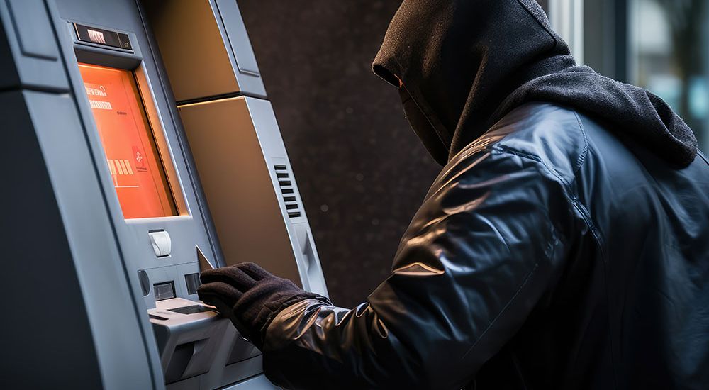 Hooded person at an ATM, suggesting potential identity theft or fraudulent activity.