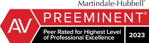 AV Preeminent badge 2023 by Martindale-Hubbell, indicating highest professional excellence rating by peers.