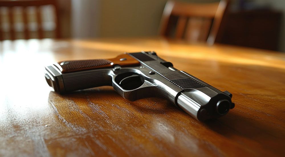Silver handgun with wooden grip laying on a wooden table in warm sunlight.