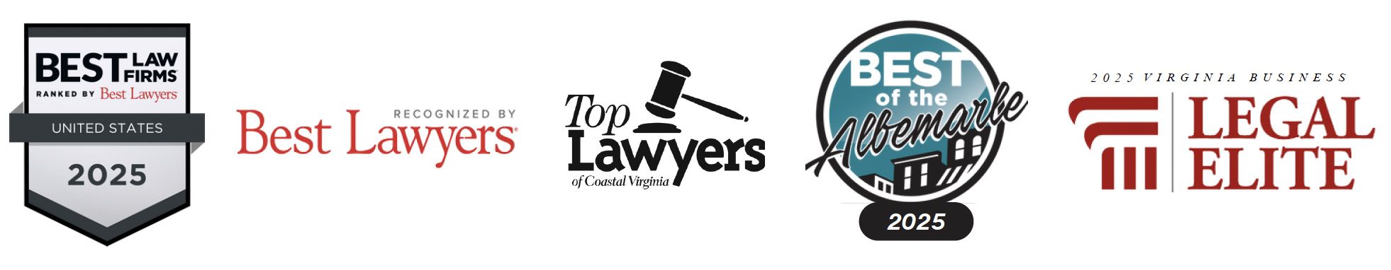 Awards logos for Best Law Firms 2025, Best Lawyers, Top Lawyers, Best of Albemarle, and 2025 Virginia Legal Elite.