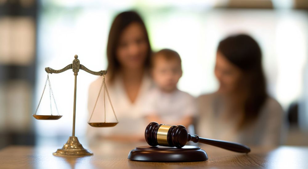 Gavel and scales representing family law with a blurred family in the background.