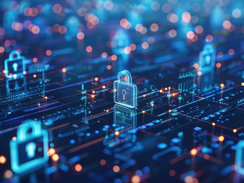 Digital padlocks on circuit board, symbolizing cybersecurity and data protection in a futuristic network environment.