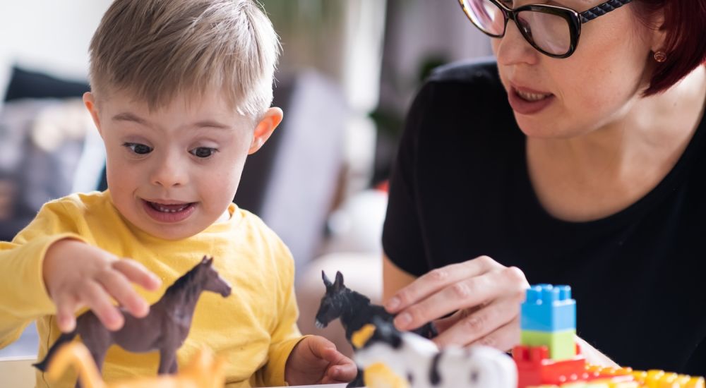 Child with Down syndrome playing with toy animals, guided by a woman in glasses.