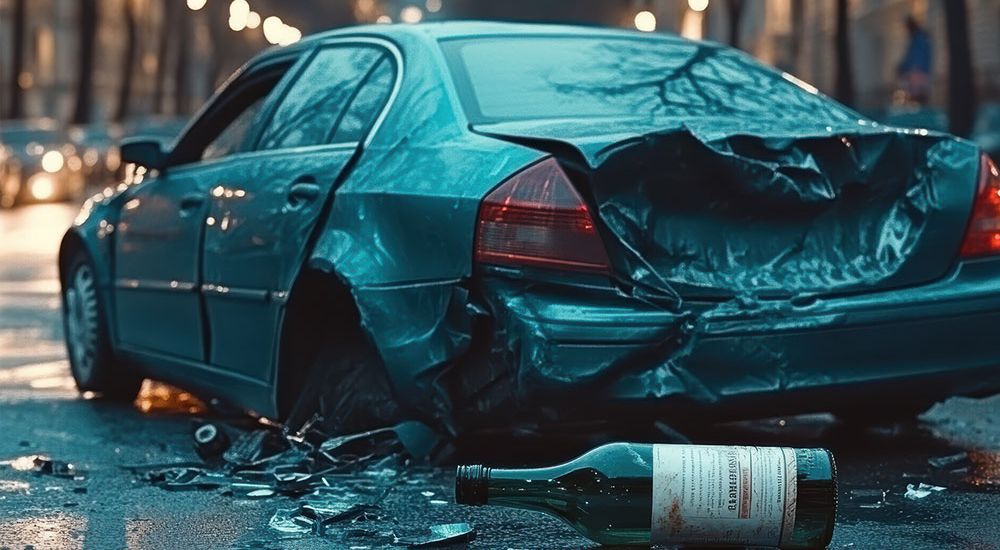Car crash scene with a damaged rear and an empty bottle on the road at night, highlighting collision impact.