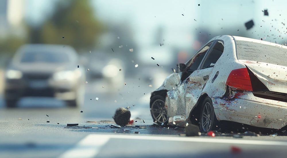 Car crash scene on highway with debris flying, depicting serious traffic accident and vehicle damage.