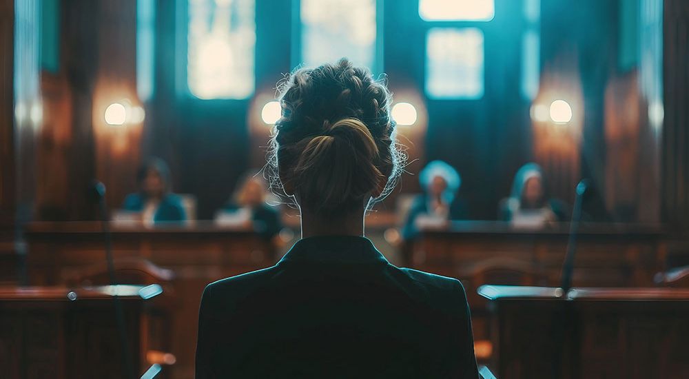 Woman standing in courtroom facing judges, back view, with dim lighting and formal ambience.