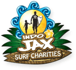 Indo Jax Surf Charities logo with a silhouette of a surfer and child, waves, and tropical design elements.