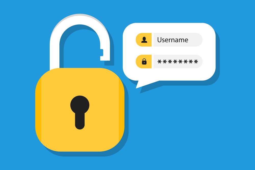 Login form page with lock and password. Authentication concept. Login and password form page with lock. User authorization. Username and password fields. Vector