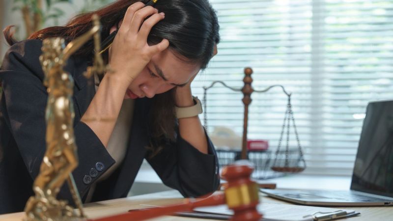 Stressed lawyer in office with legal scales and gavel visible, holding head in frustration.