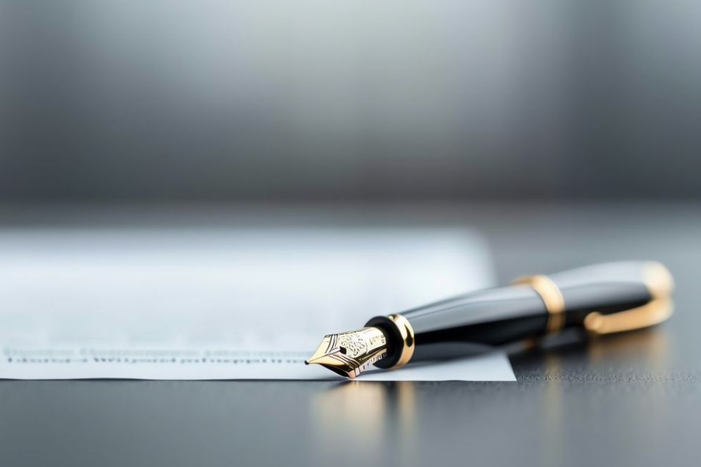 Elegant fountain pen resting on a signed document for business or legal purposes.