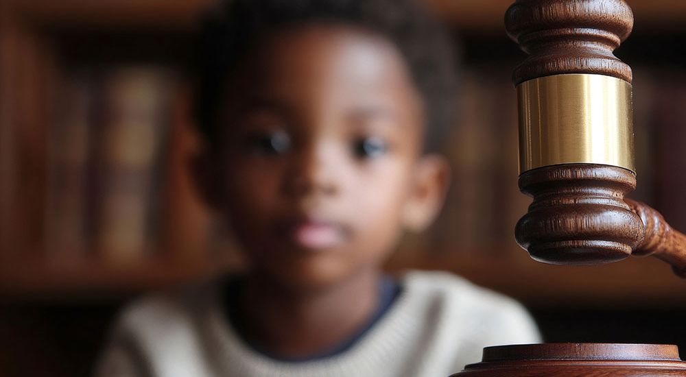 Child in background with focus on judge's gavel in foreground, symbolizing justice or legal concept.