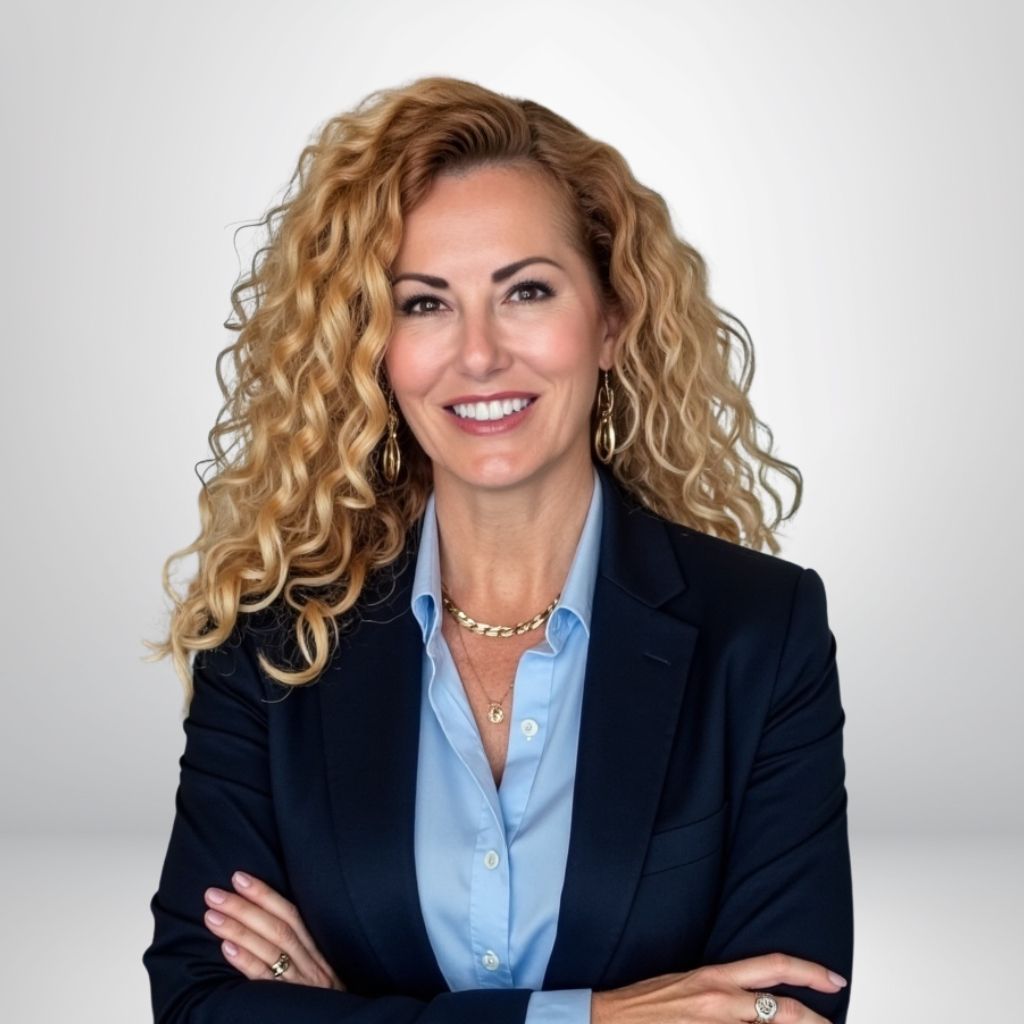 Professional woman with curly hair in business attire, smiling confidently with arms crossed against a neutral background.