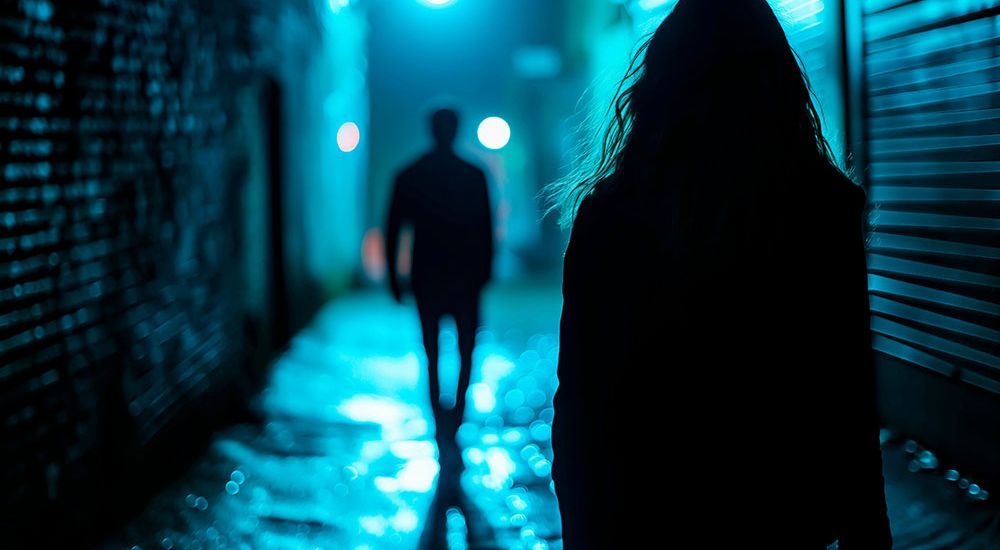 Silhouetted figures in a dimly lit alley at night, capturing a mysterious and suspenseful atmosphere.