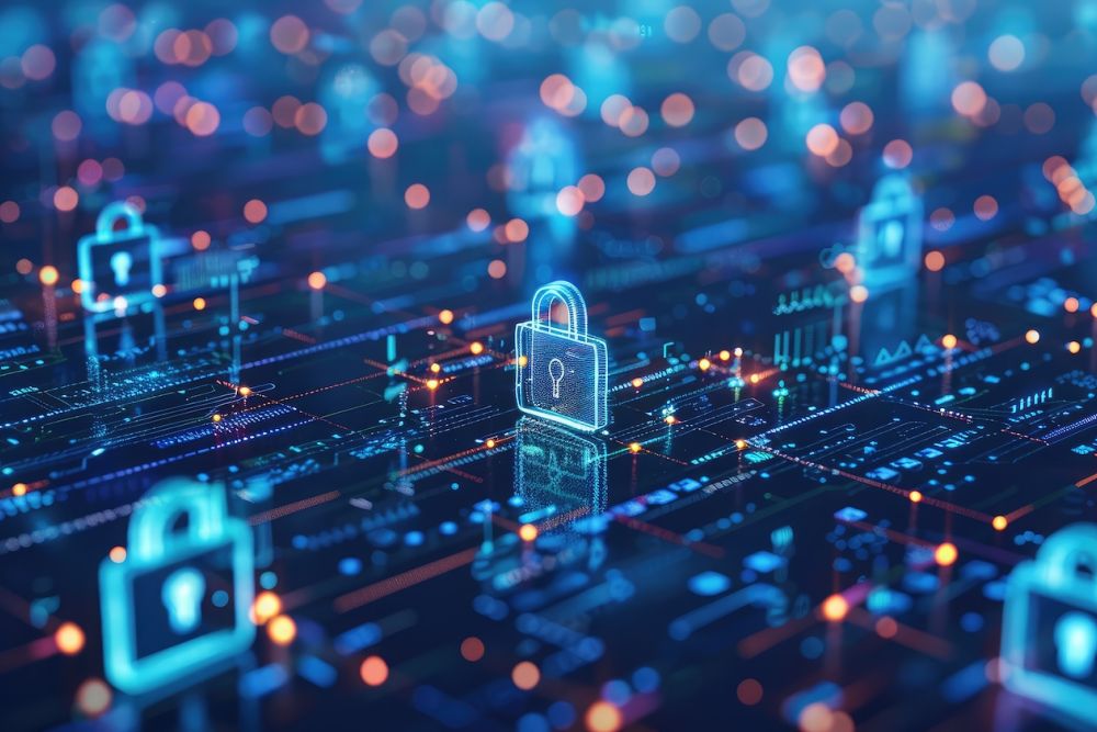 Digital padlocks on circuit board, symbolizing cybersecurity and data protection in a futuristic network environment.