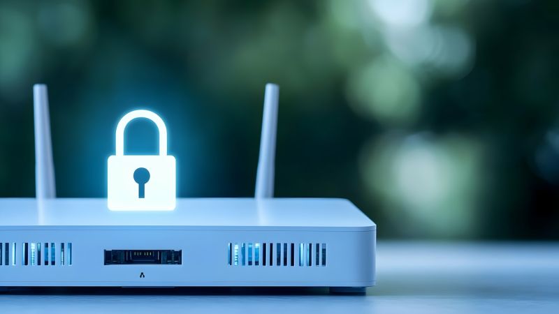 Secure wireless router with glowing lock icon, symbolizing internet security and data protection.