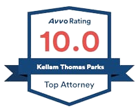 Award badge displaying Avvo Rating 10.0 for Top Attorney Kellan Thomas Parks.