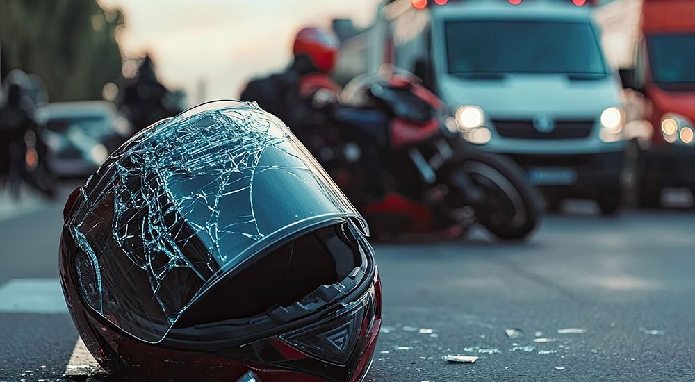 Cracked motorcycle helmet on road, accident scene with emergency vehicles in background, emphasizing safety.