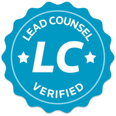 Blue Lead Counsel Verified badge with white text and stars, indicating attorney credentials approval.