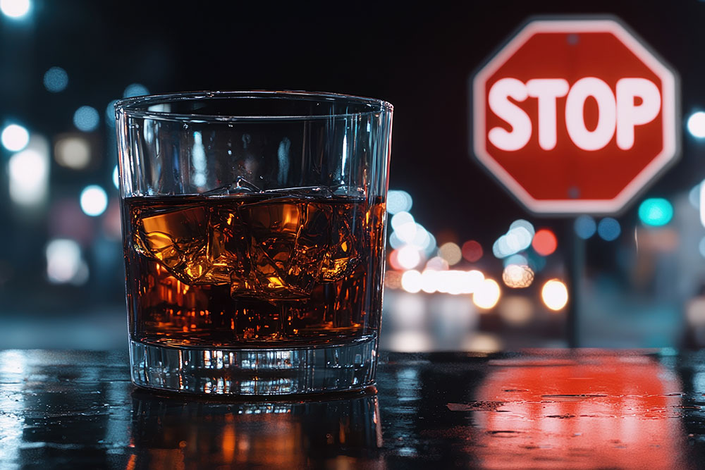 Glass of whiskey with ice on a bar, stop sign in blurry city night background.