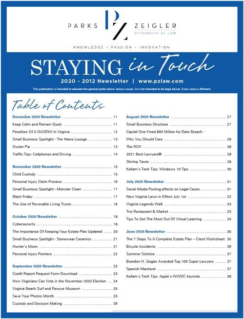 2012 – 2020 Staying In Touch Newsletter from Parks Zeigler, PLLC