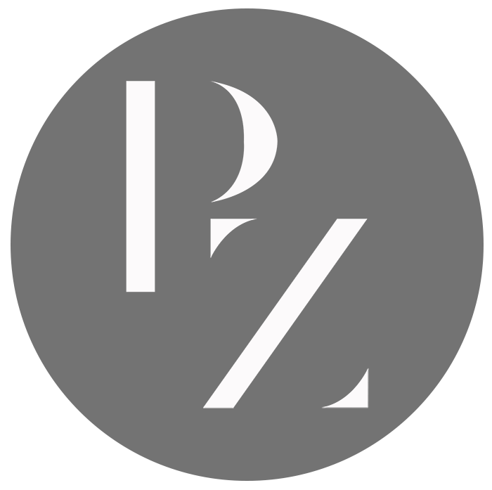 Logo with stylized letters P and Z in white on a gray circular background.