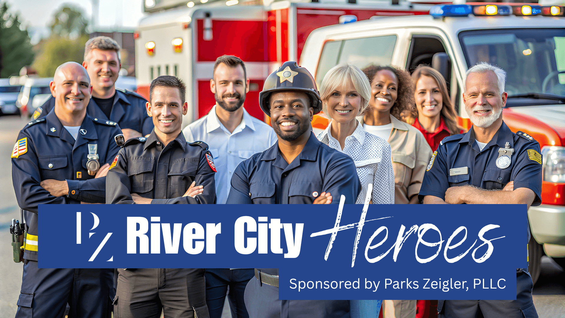 Group of Local Heroes from River City Including Police Firefighters and Paramedics in Front of Emergency Vehicles